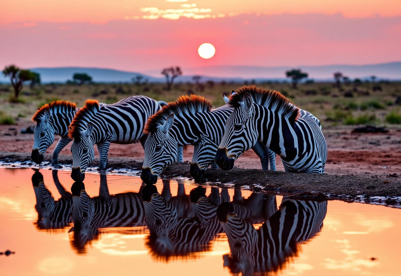 Zebras drinking at natural watering hole in African savanna - Kenya wildlife safari experience