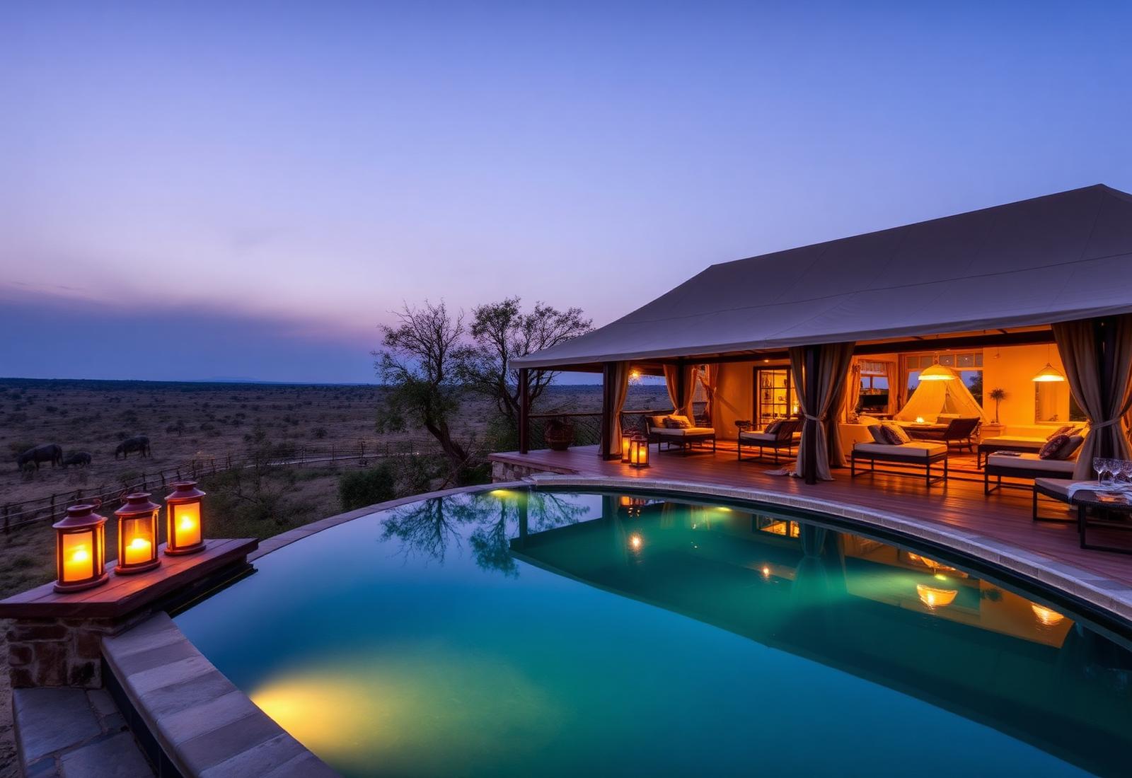 Luxury African safari lodge at sunset with panoramic views - East Africa accommodation